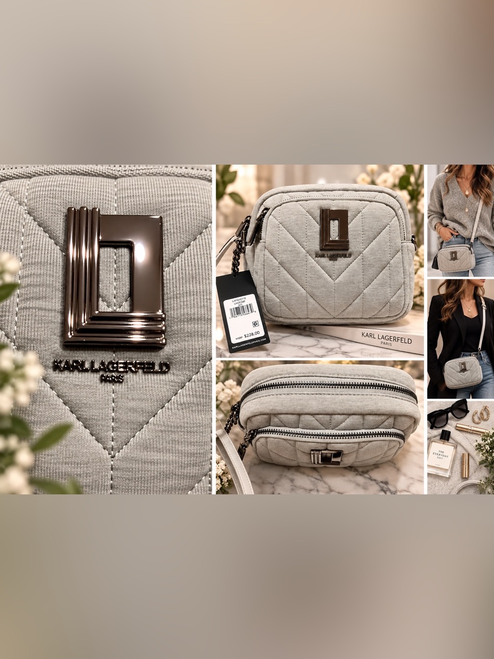 NWT Karl Lagerfeld Paris Lafayette Gray Quilted Crossbody Bag
